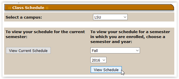 Personal Schedule page in the myLSU portal