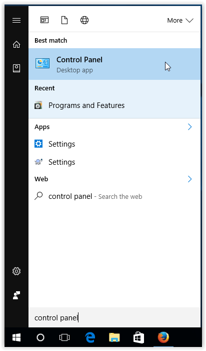 control panel in windows start menu